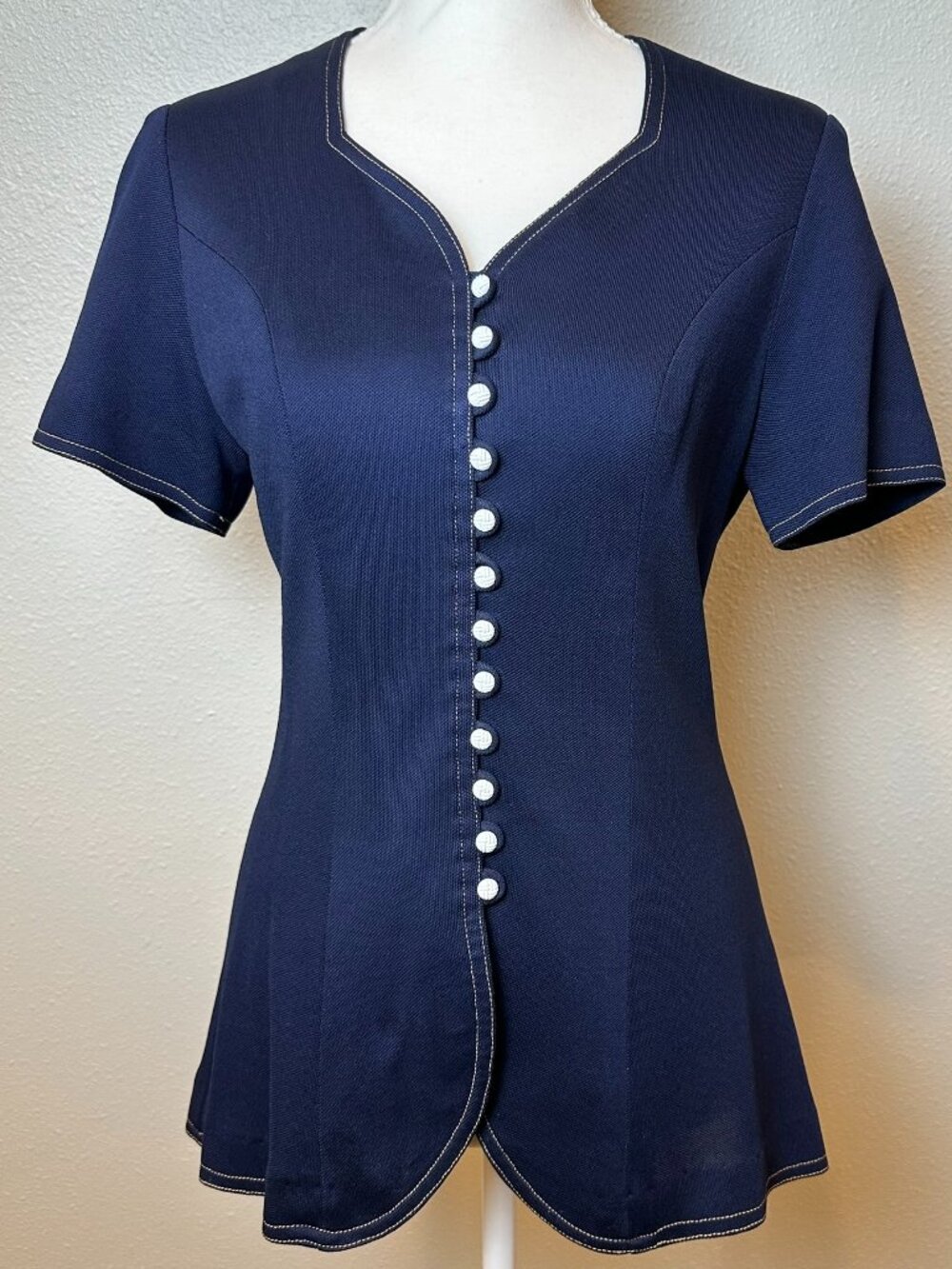 Rare Vtg 1970s 1980s Young Edwardian Arpeja Blue Structured Peplum Top Sz 11/Sm